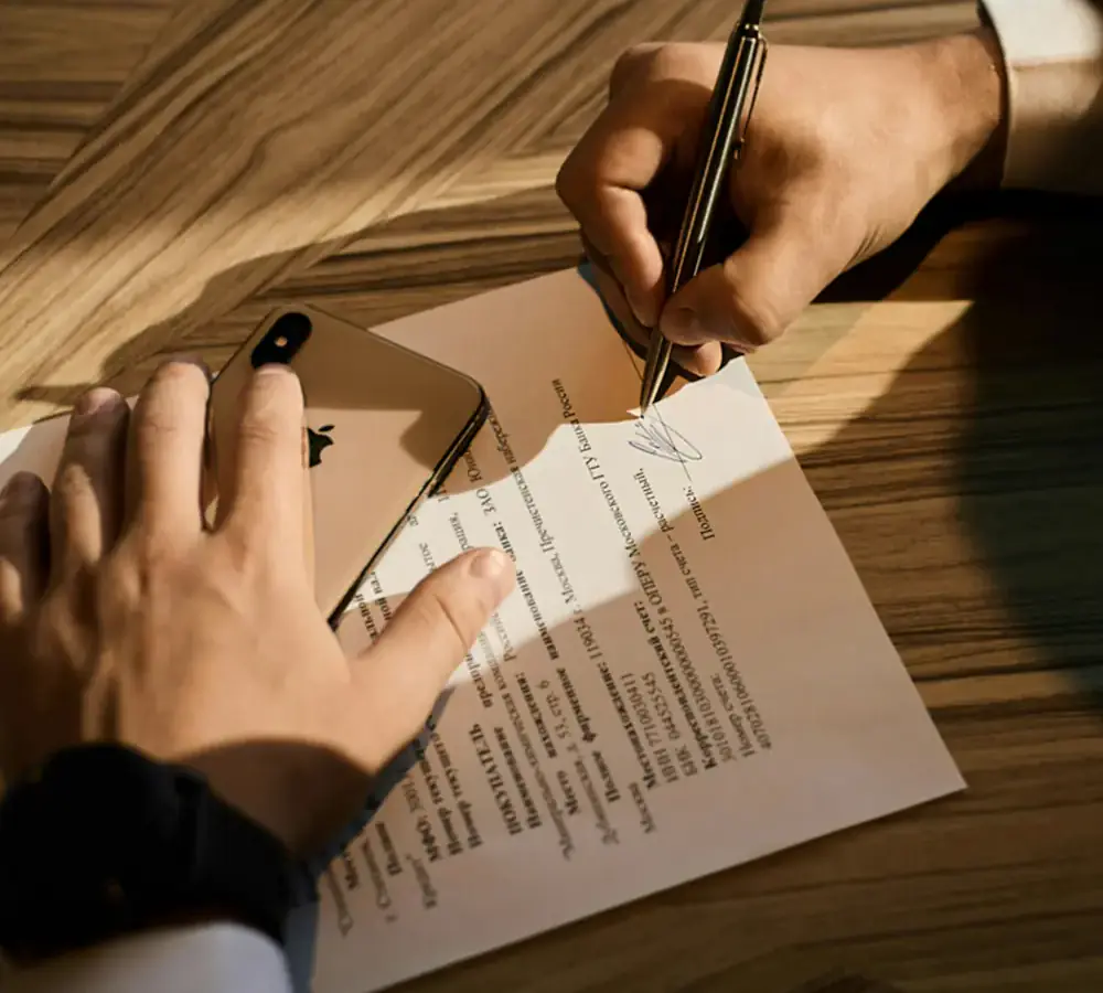 Zwei Hände mit einem Stift über einem ausgedruckten Blatt.